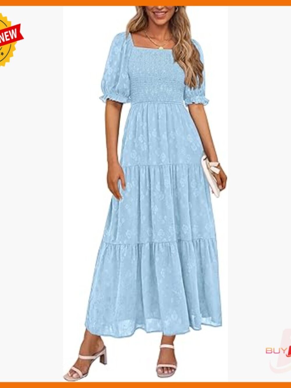 Summer Midi Dress Square Neck Short Sleeve Smocked A-Line Flowy Boho